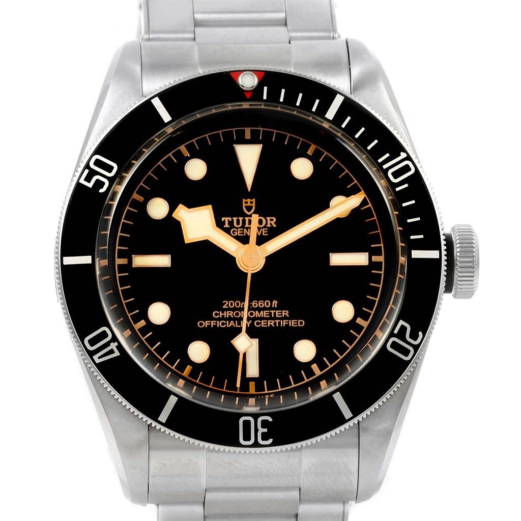 The image shows a front view of the Tudor Heritage Black Bay 79230N Men's Stainless Steel Black Dial 79230N Men's Stainless Steel Black Dial watch, highlighting its dial, bezel, and stainless steel bracelet.