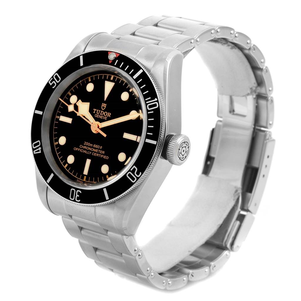 The image shows a Tudor Heritage Black Bay 79230N Men's Stainless Steel Black Dial 79230N Men's Stainless Steel Black Dial watch at an oblique angle, highlighting its case, bezel, dial, and bracelet.