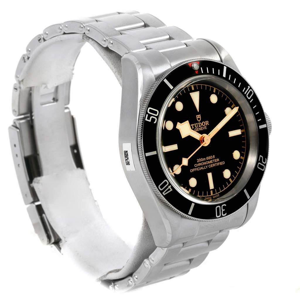 The image shows a Tudor Heritage Black Bay 79230N Men's Stainless Steel Black Dial 79230N Men's Stainless Steel Black Dial watch from a side angle, highlighting the face, bezel, and bracelet.