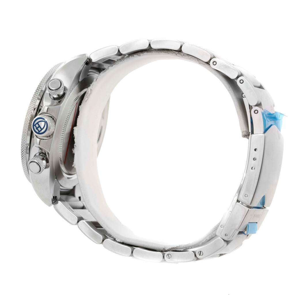 This side view of the Tudor Heritage Chrono 70330 Men's Stainless Steel Blue Dial 70330 Men's Stainless Steel Blue Dial watch features its stainless steel case, crown, chronograph pushers, and metal bracelet.