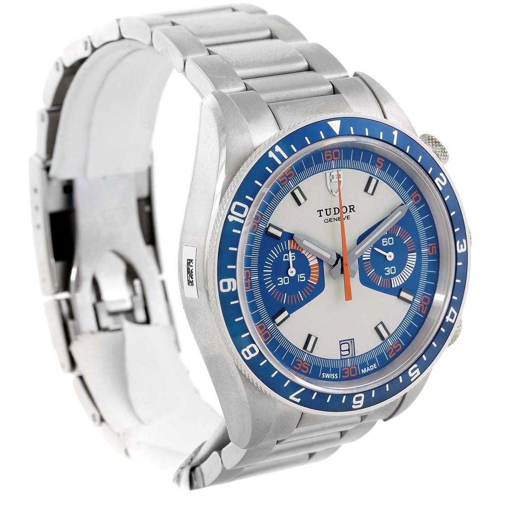 The Tudor Heritage Chrono 70330 Men's Stainless Steel Blue Dial 70330 Men's Stainless Steel Blue Dial watch is shown at an angle highlighting the face, bezel, and stainless steel bracelet.