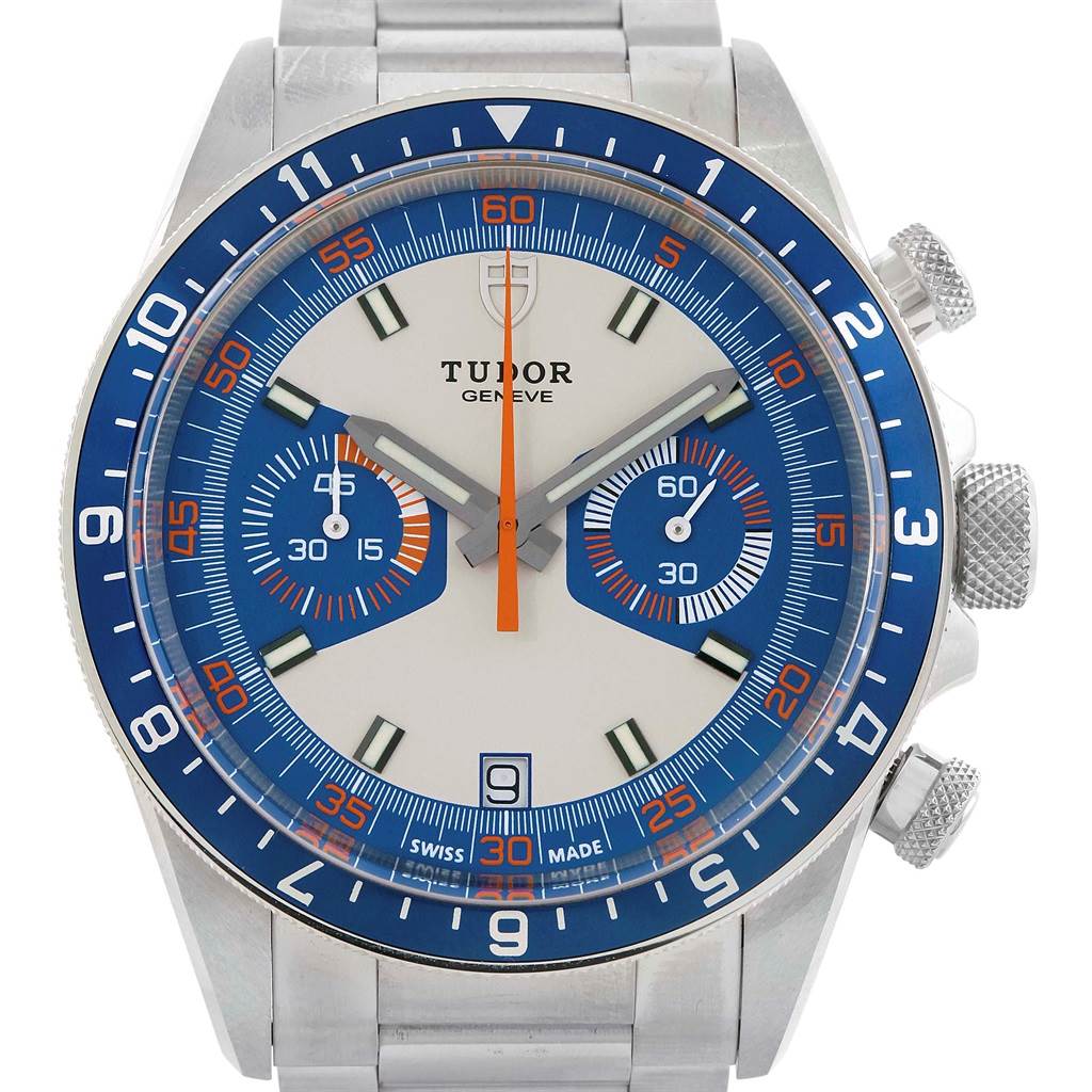This image shows a front view of the Tudor Heritage Chrono 70330 Men's Stainless Steel Blue Dial 70330 Men's Stainless Steel Blue Dial watch, displaying the face, bezel, and pushers.