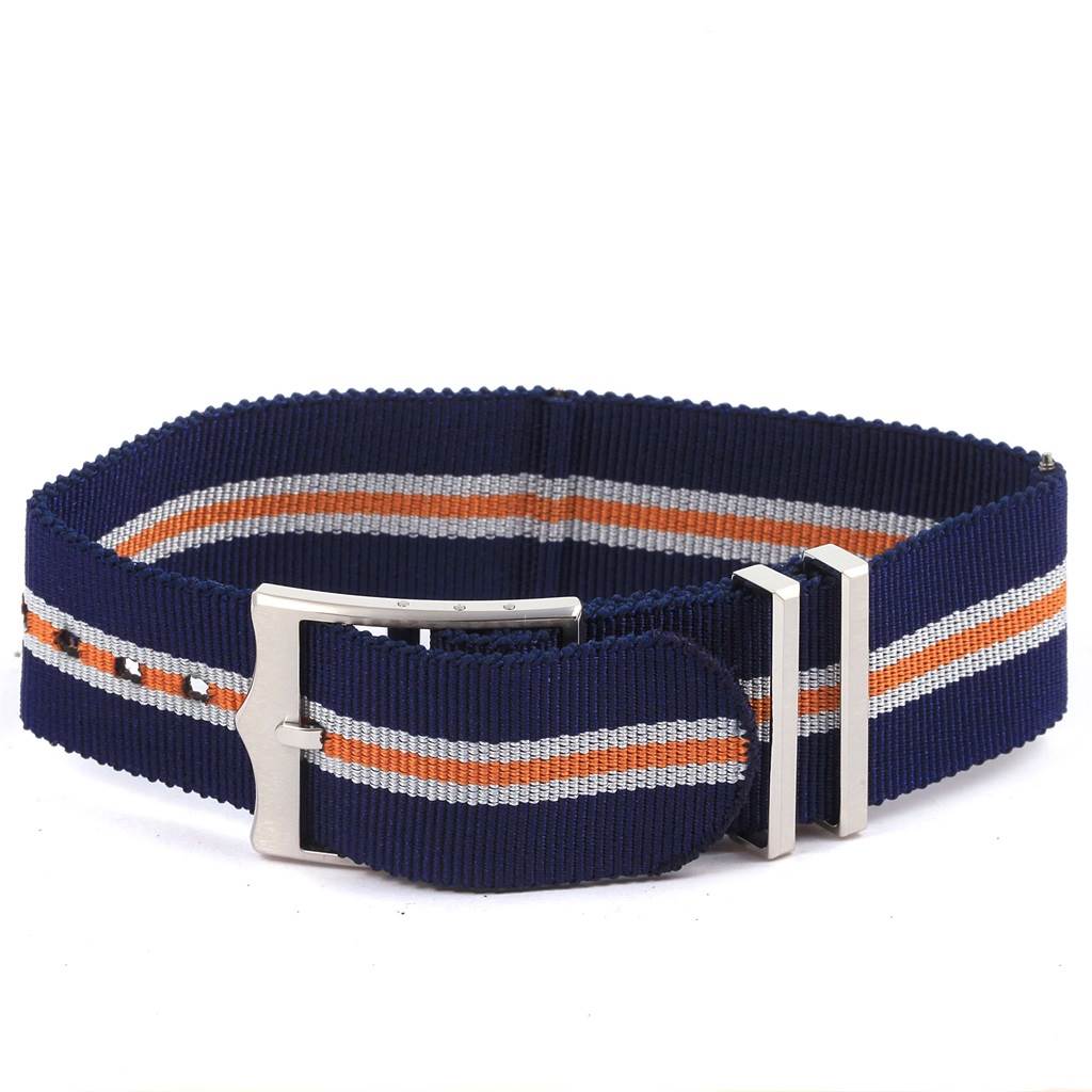 The image shows a navy, orange, and white striped NATO strap for the Tudor Heritage Chrono 70330 Men's Stainless Steel Blue Dial 70330 Men's Stainless Steel Blue Dial watch, featuring its buckle and keepers.