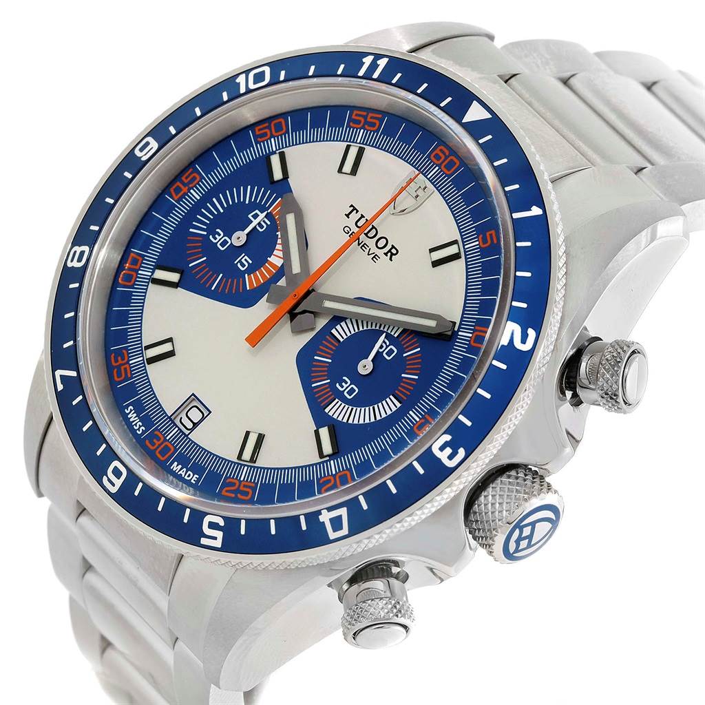 This image shows a tilted angle of the Tudor Heritage Chrono 70330 Men's Stainless Steel Blue Dial 70330 Men's Stainless Steel Blue Dial watch, focusing on its dial and stainless steel bracelet.
