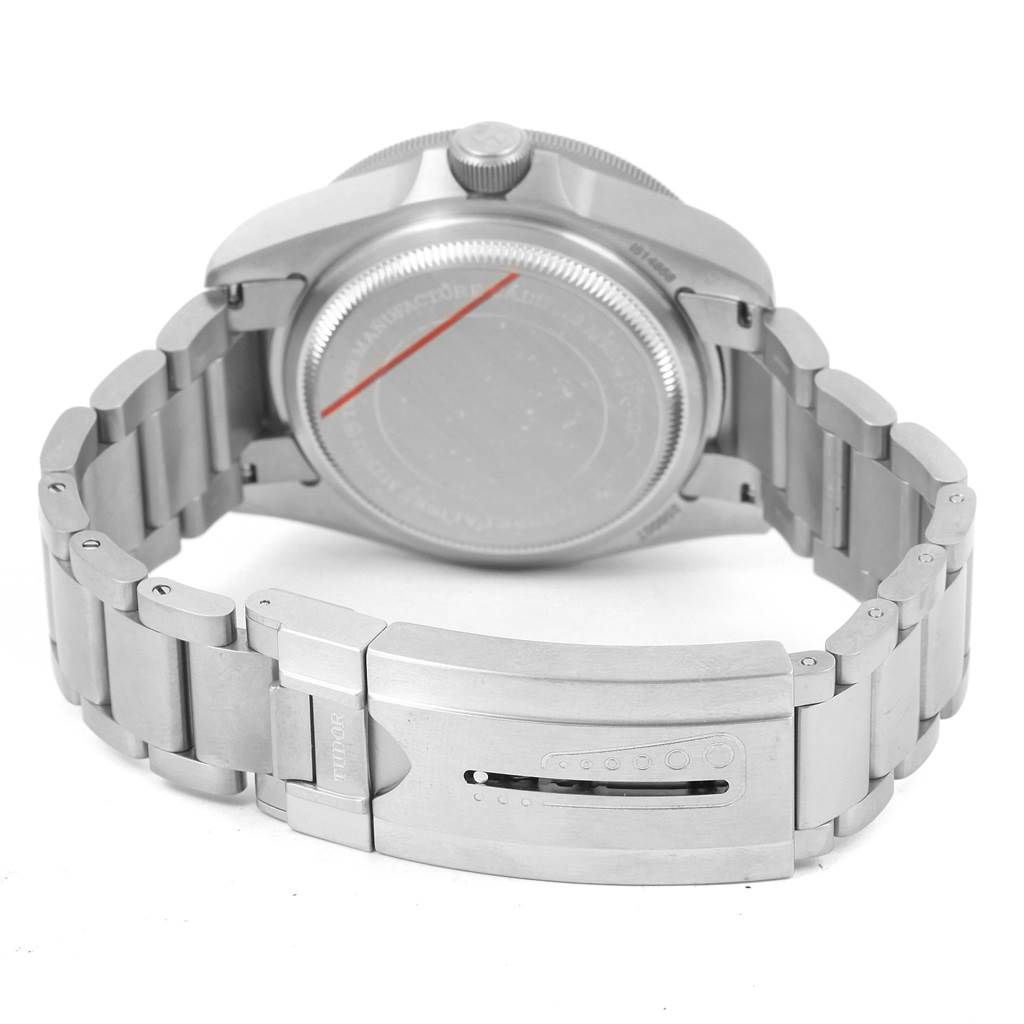 This image shows the back side of a Tudor Pelagos 25600TN Men's Titanium Black Dial 25600TN Men's Titanium Black Dial watch, including the case back, bracelet, and clasp.