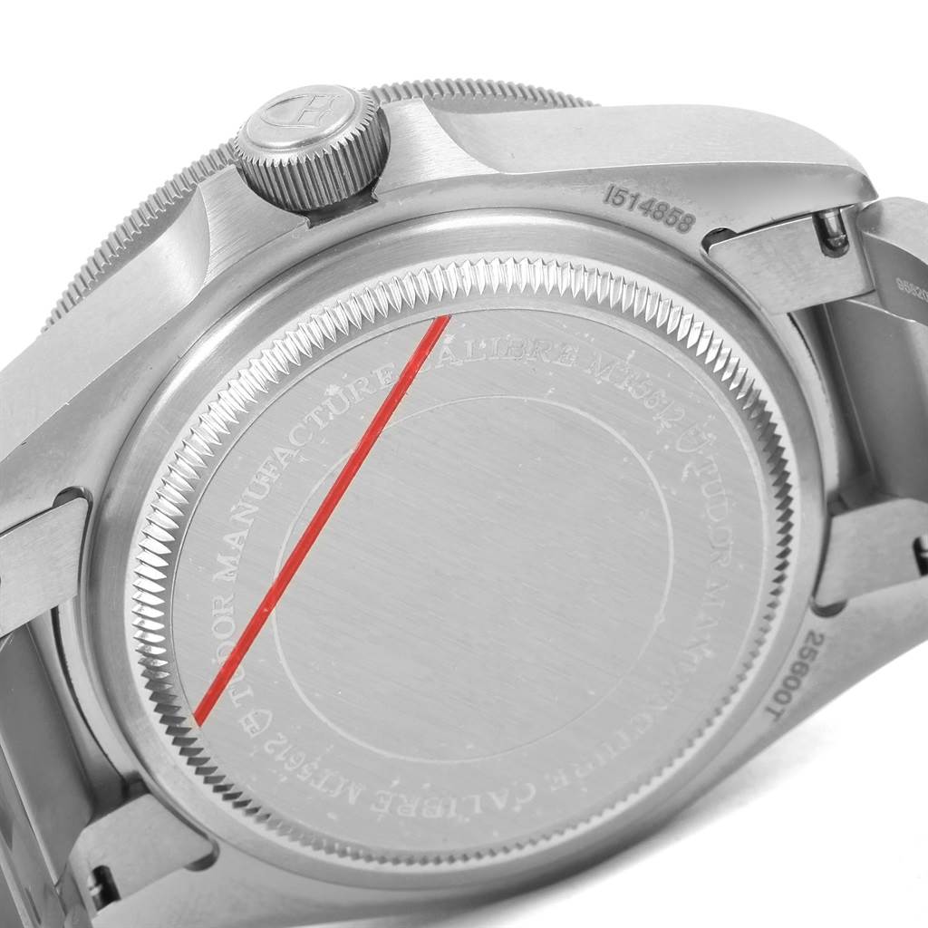 The image shows the back case and crown of the Tudor Pelagos 25600TN Men's Titanium Black Dial 25600TN Men's Titanium Black Dial watch, viewed from an angled close-up perspective.