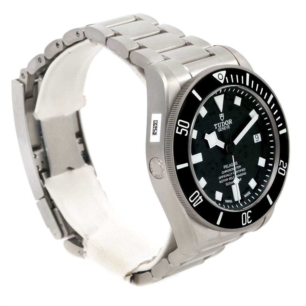 The image shows a side angle of a Tudor Pelagos 25600TN Men's Titanium Black Dial 25600TN Men's Titanium Black Dial watch, highlighting its bezel, dial, and bracelet.