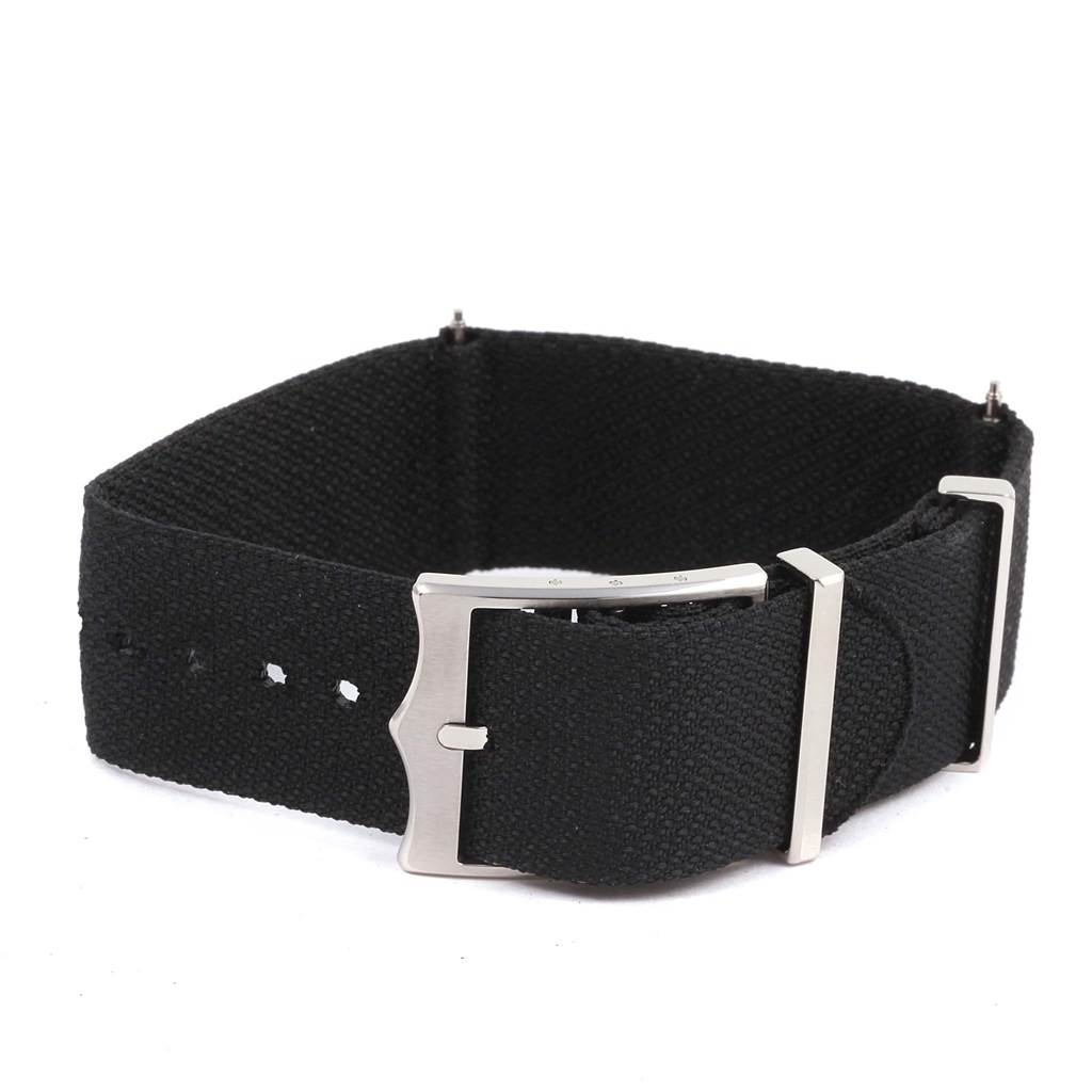 This image shows a black fabric NATO strap with a silver buckle for the Tudor Heritage Black Bay 79220R Men's Stainless Steel Black Dial 79220R Men's Stainless Steel Black Dial watch.