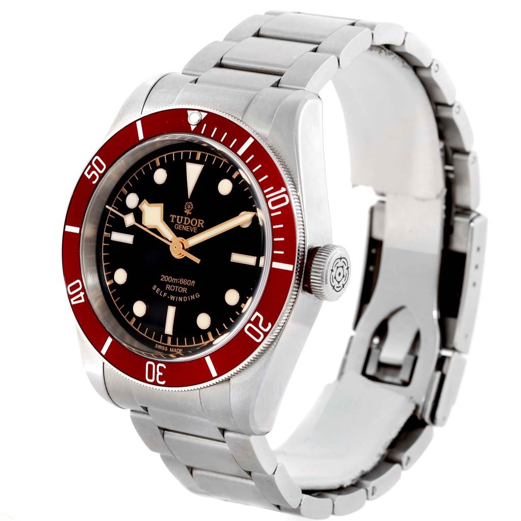 The Tudor Heritage Black Bay 79220R Men's Stainless Steel Black Dial 79220R Men's Stainless Steel Black Dial watch is shown at a front angle highlighting its bezel, dial, crown, and stainless steel bracelet.