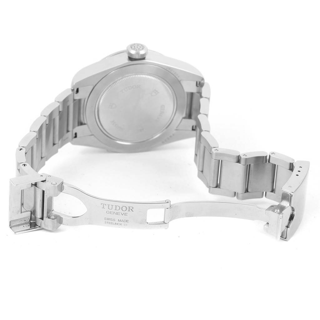 This image shows the back and open clasp of the Tudor Heritage Black Bay 79220R Men's Stainless Steel Black Dial 79220R Men's Stainless Steel Black Dial watch, highlighting the bracelet and case back.