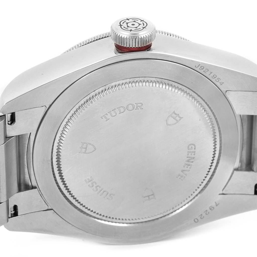 This image shows the back case and crown of a Tudor Heritage Black Bay 79220R Men's Stainless Steel Black Dial 79220R Men's Stainless Steel Black Dial watch.