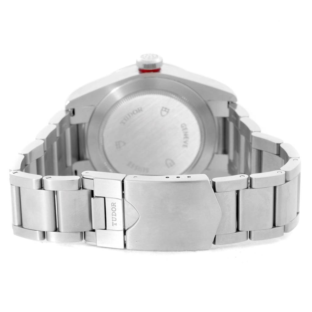 The image shows the back view of the Tudor Heritage Black Bay 79220R Men's Stainless Steel Black Dial 79220R Men's Stainless Steel Black Dial watch, focusing on the stainless steel case and bracelet with the clasp visible.