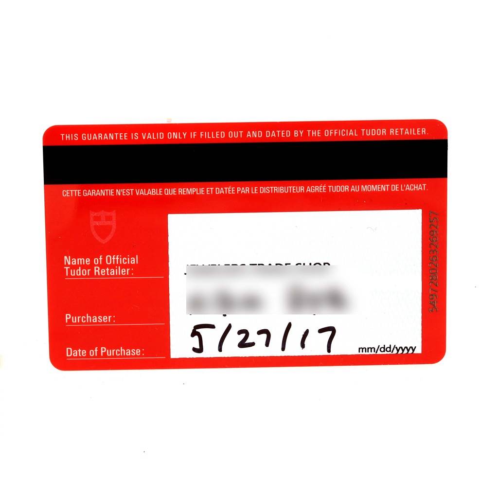 This is a warranty card for the Tudor Heritage Black Bay 79230DK Men's Stainless Steel Black Dial 79230DK Men's Stainless Steel Black Dial model, displaying the retailer, purchaser, and date of purchase details.