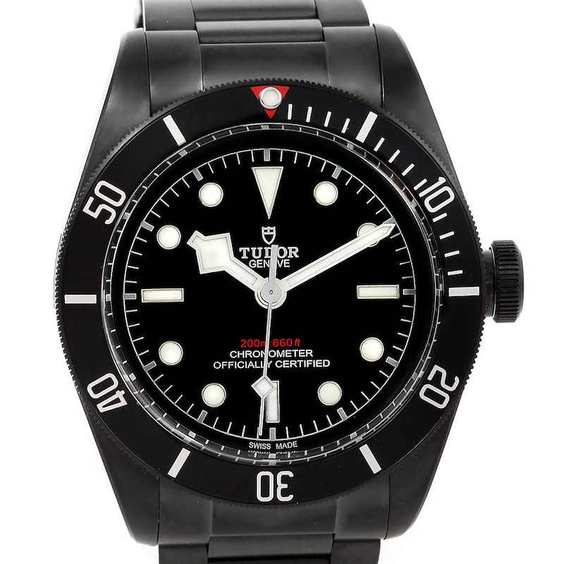 This image shows the front view of a Tudor Heritage Black Bay watch, displaying its dial, bezel, and part of the bracelet.
