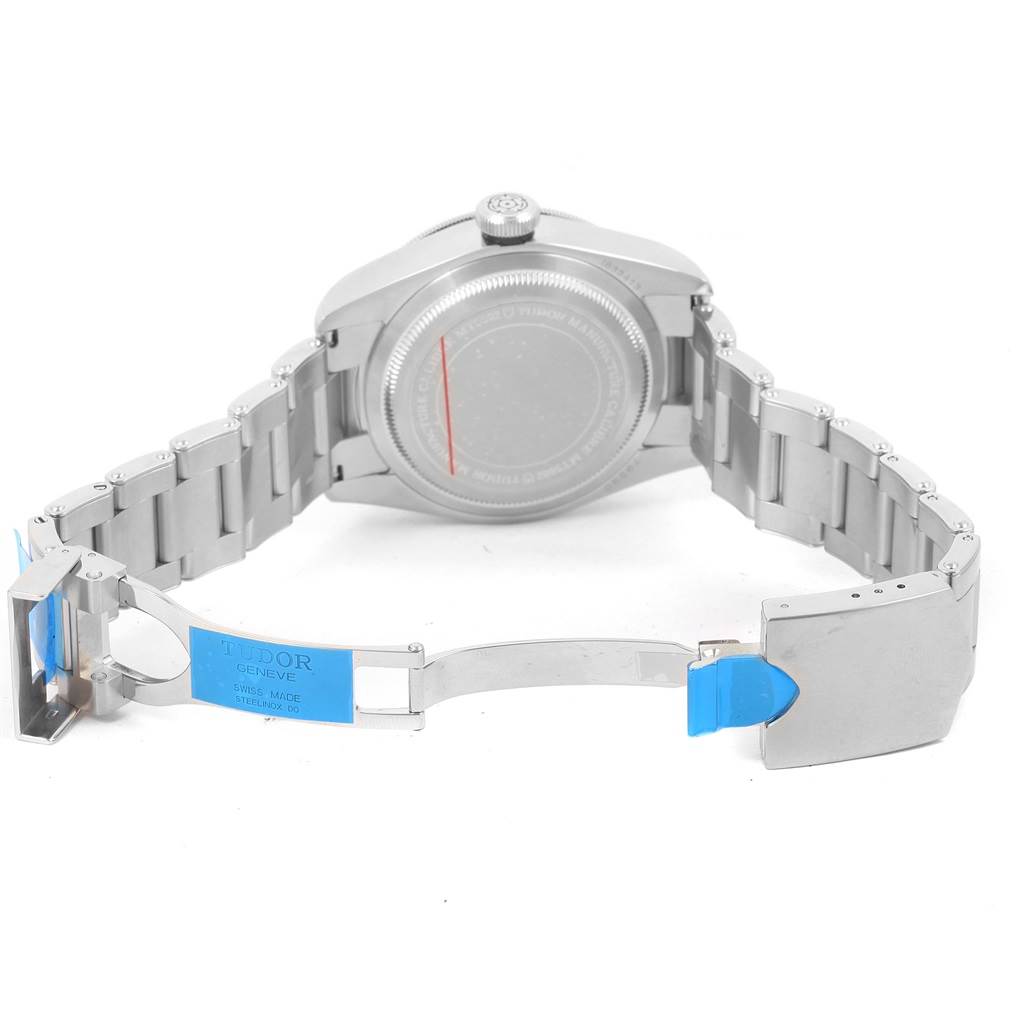 This image shows the back case and open clasp of a Tudor Heritage Black Bay 79230N Men's Stainless Steel Black Dial 79230N Men's Stainless Steel Black Dial watch at a rear angle.