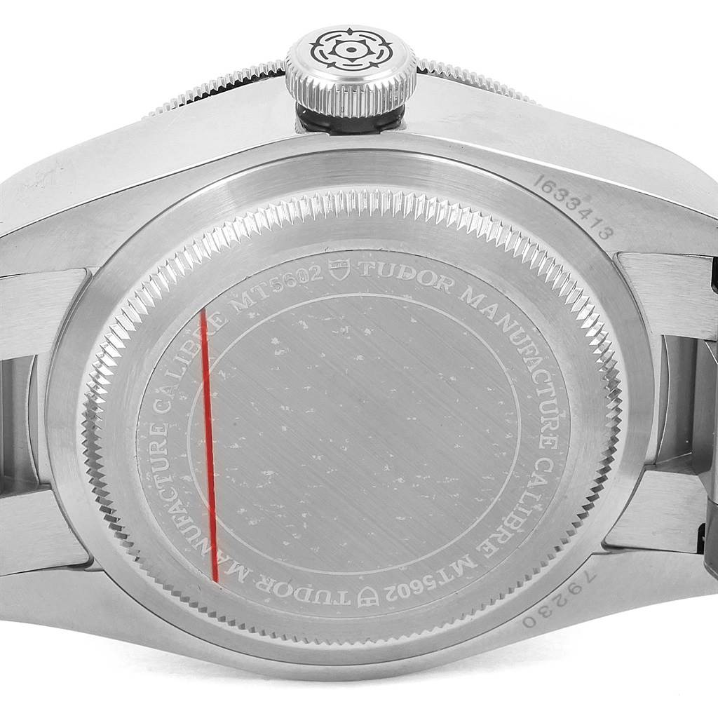 This image shows the case back of the Tudor Heritage Black Bay 79230N Men's Stainless Steel Black Dial 79230N Men's Stainless Steel Black Dial watch from a rear angle.