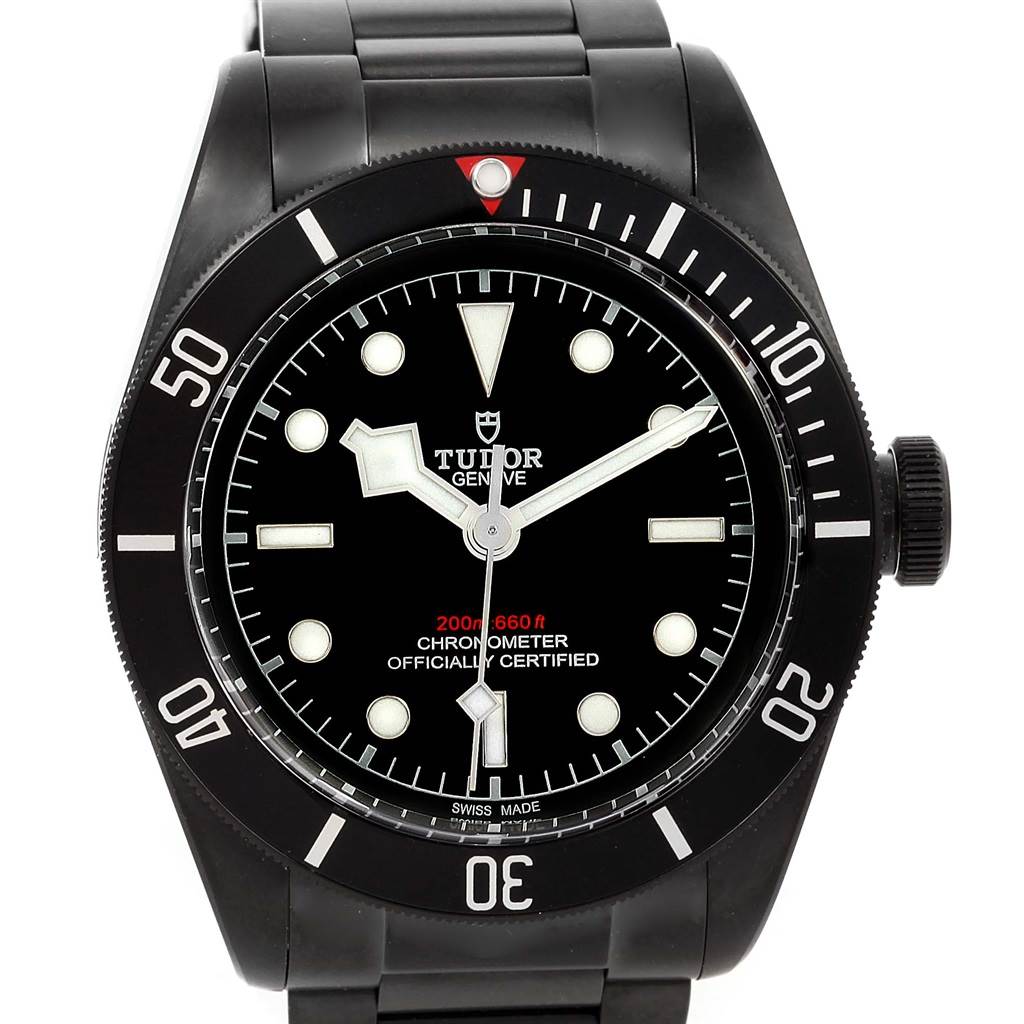 The image shows the front view of a Tudor Heritage Black Bay 79230DK Men
s Stainless Steel Black Dial 79230DK Men
s Stainless Steel Black Dial watch, highlighting its bezel, dial, and bracelet.