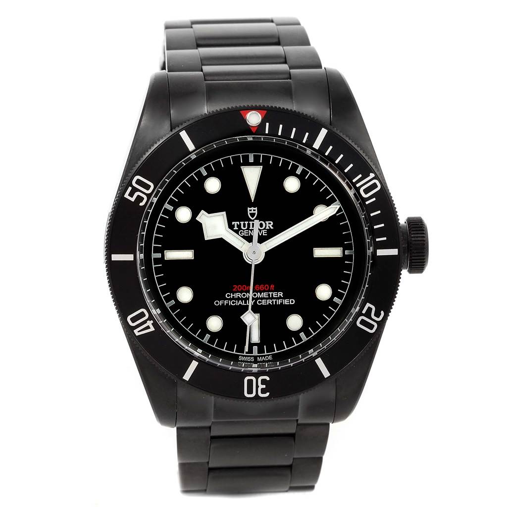 The image shows the Tudor Heritage Black Bay 79230DK Men
s Stainless Steel Black Dial 79230DK Men
s Stainless Steel Black Dial watch from a front angle, highlighting the dial, bezel, and bracelet.