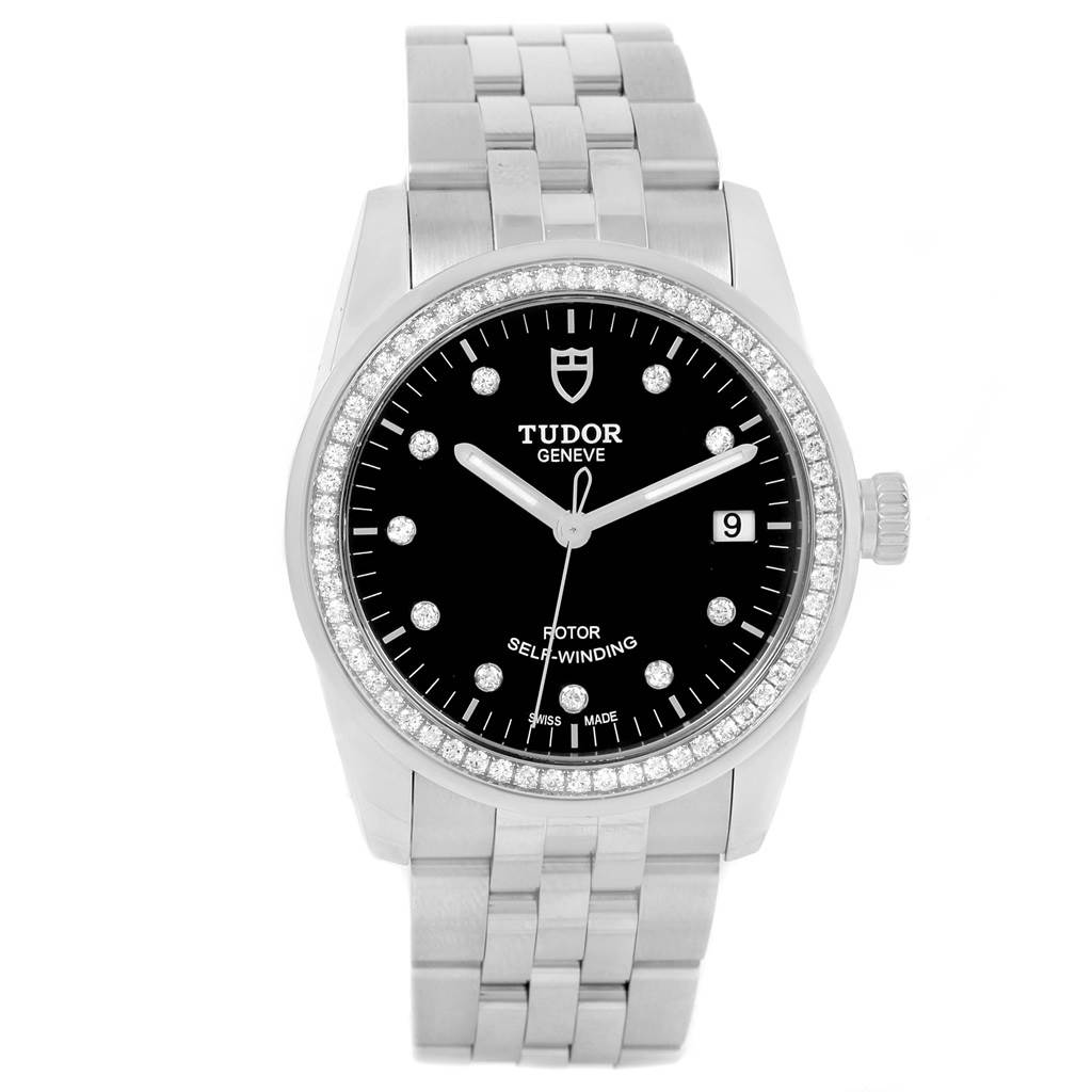 The image shows a front view of the Tudor Glamour 55020 Stainless Steel Black Dial 55020 Stainless Steel Black Dial model watch, featuring a black dial and a stainless steel bracelet.