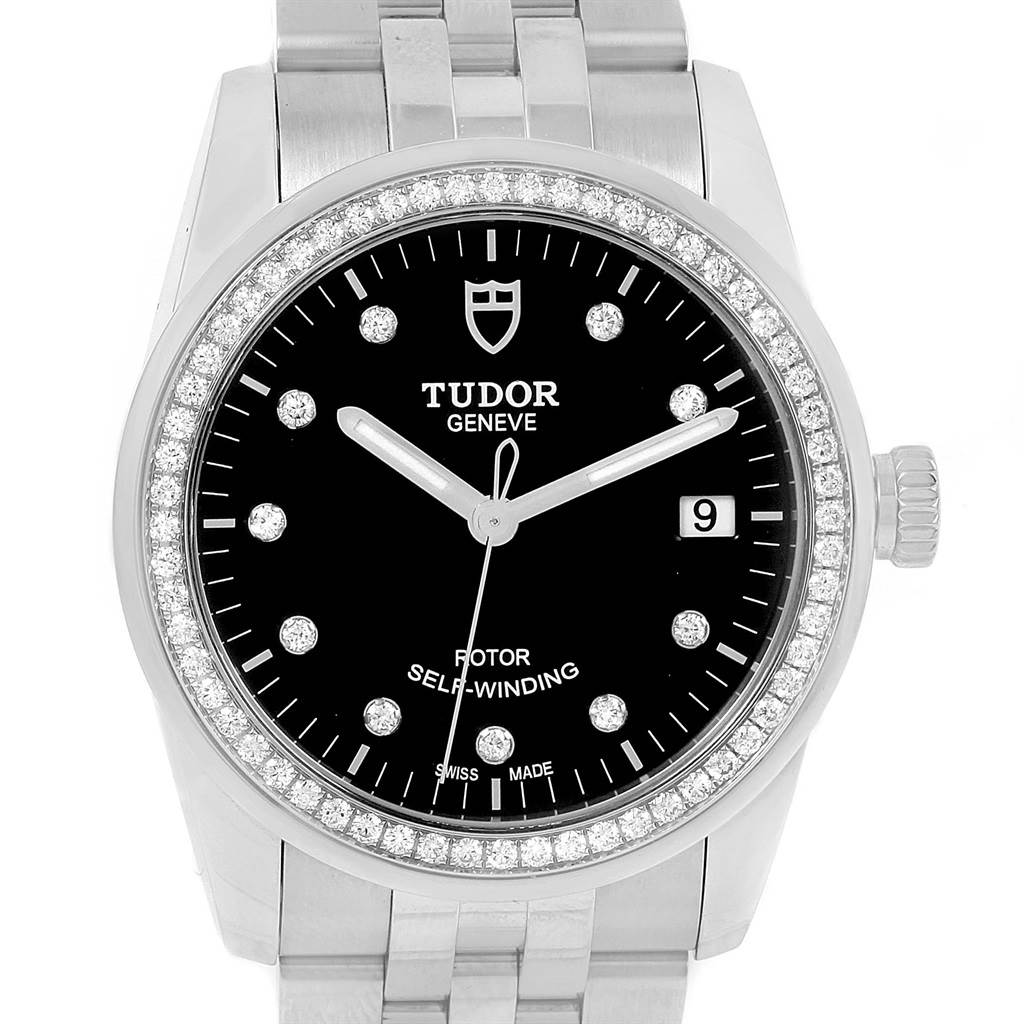 This image shows a front view of the Tudor Glamour 55020 Stainless Steel Black Dial 55020 Stainless Steel Black Dial watch, highlighting its dial, bezel, crown, and bracelet.