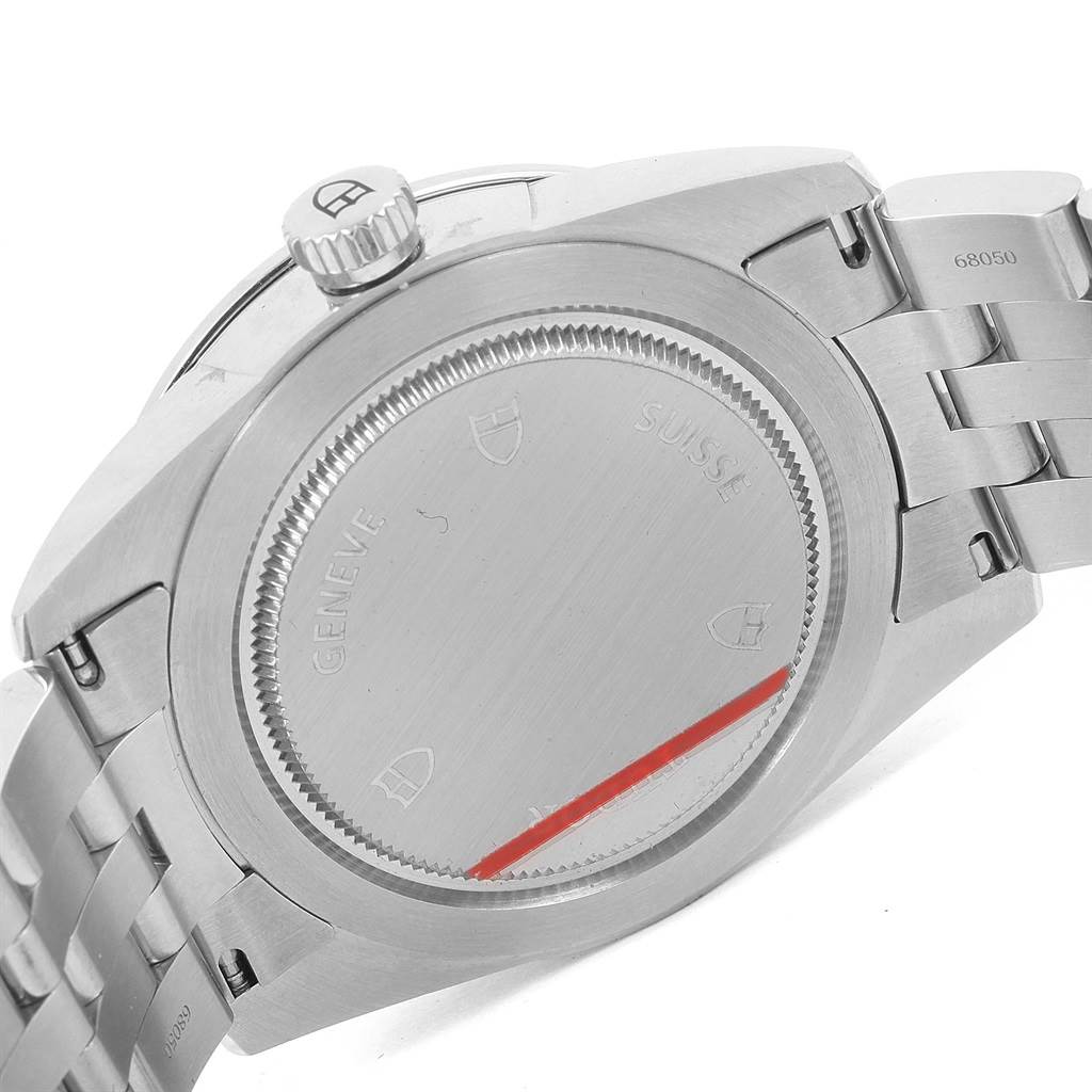 This image shows the case back and crown of the Tudor Glamour 55020 Stainless Steel Black Dial 55020 Stainless Steel Black Dial model watch from a rear angle.