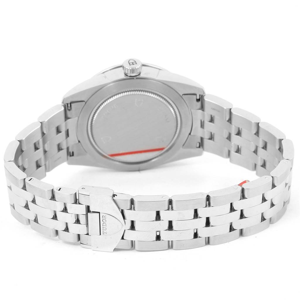 This image shows the back and bracelet of the Tudor Glamour 55020 Stainless Steel Black Dial 55020 Stainless Steel Black Dial watch from a rear view angle.