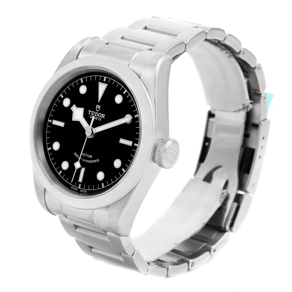 The image shows a Tudor Heritage Black Bay 79540 Men
s Stainless Steel Black Dial 79540 Men
s Stainless Steel Black Dial watch at an angled side view, highlighting the dial, case, and bracelet.