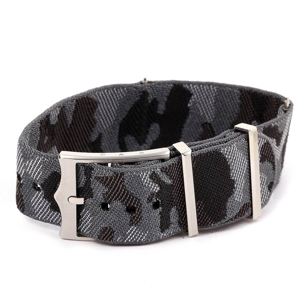 This image shows a close-up of a camo nylon strap for the Tudor Heritage Black Bay 79540 Men
s Stainless Steel Black Dial 79540 Men
s Stainless Steel Black Dial watch, highlighting the buckle and keepers.
