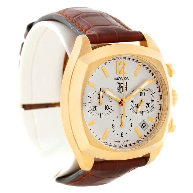 The image shows a Tag Heuer Monza CR514A.FC8145 Men's Yellow Gold Silver Dial CR514A.FC8145 Men's Yellow Gold Silver Dial watch from a front side angle, highlighting the dial, chronograph subdials, and brown leather strap.