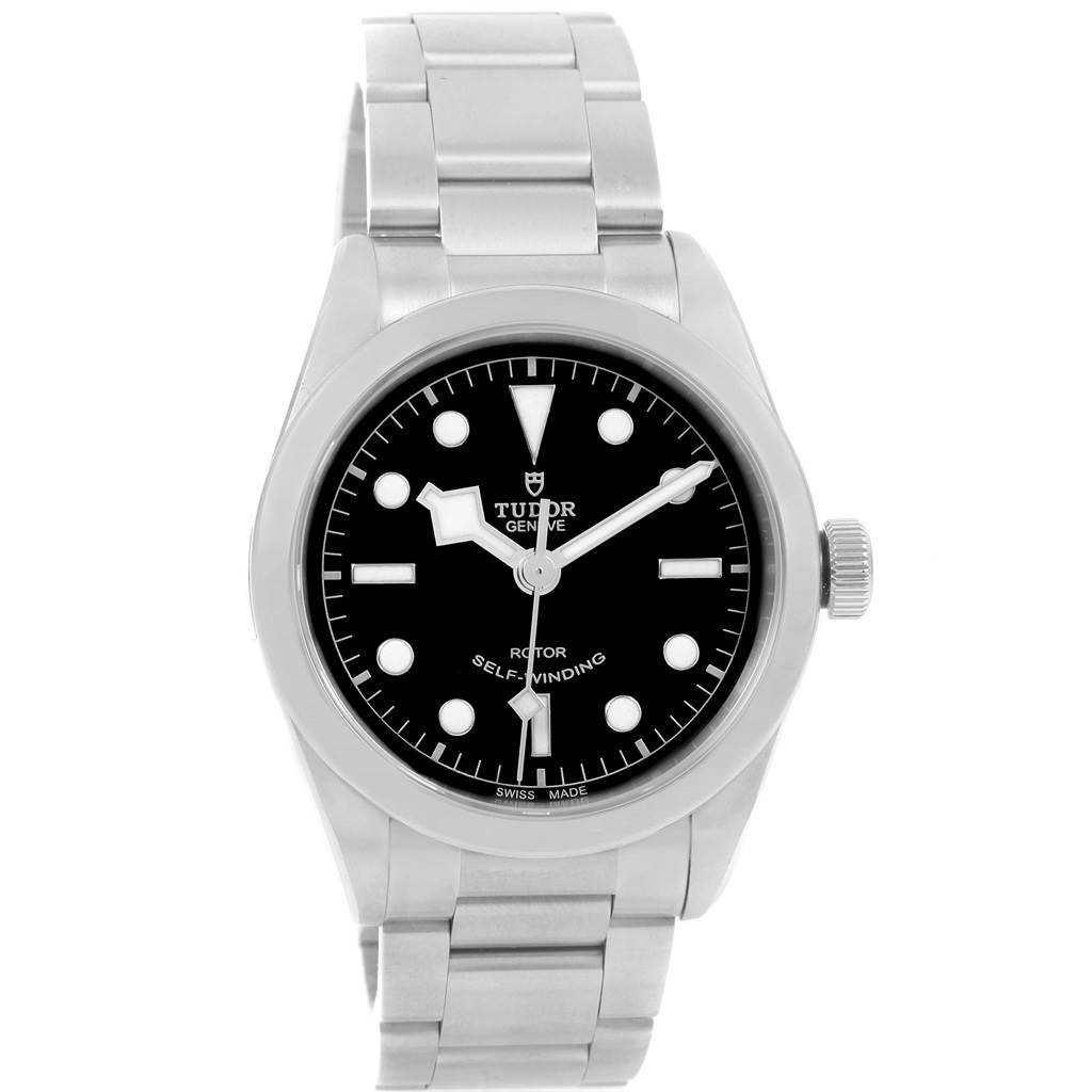 This image shows a front view of the Tudor Heritage Black Bay 79500 Men's Stainless Steel Black Dial 79500 Men's Stainless Steel Black Dial watch, highlighting its dial, bezel, bracelet, and crown.