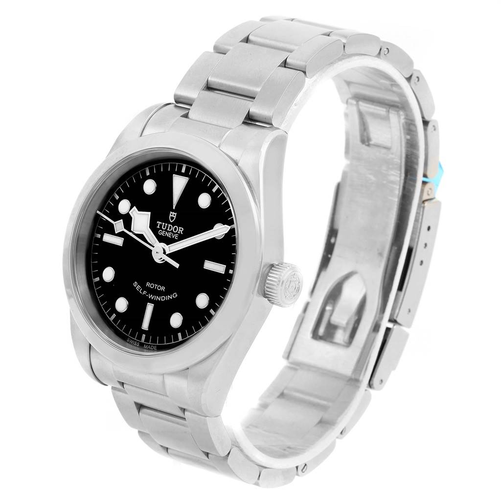 The image shows a Tudor Heritage Black Bay 79500 Men's Stainless Steel Black Dial 79500 Men's Stainless Steel Black Dial watch at a 3/4 angle, highlighting its stainless steel bracelet and black dial.