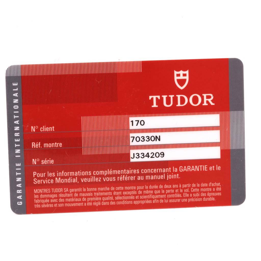This shows an international guarantee card for the Tudor Heritage Chrono 70330N Men's Stainless Steel Grey Dial 70330N Men's Stainless Steel Grey Dial model 70330N.
