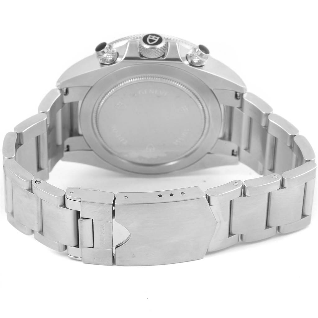 The image shows the back view of the Tudor Heritage Chrono 70330N Men's Stainless Steel Grey Dial 70330N Men's Stainless Steel Grey Dial, highlighting its case back and metal bracelet with deployment clasp.