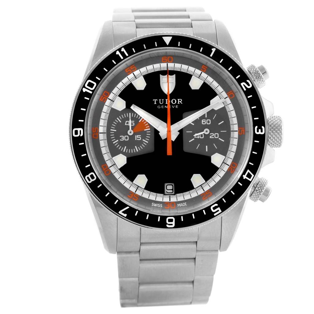 The image shows a front view of the Tudor Heritage Chrono 70330N Men's Stainless Steel Grey Dial 70330N Men's Stainless Steel Grey Dial watch, highlighting its dial, bezel, and bracelet.