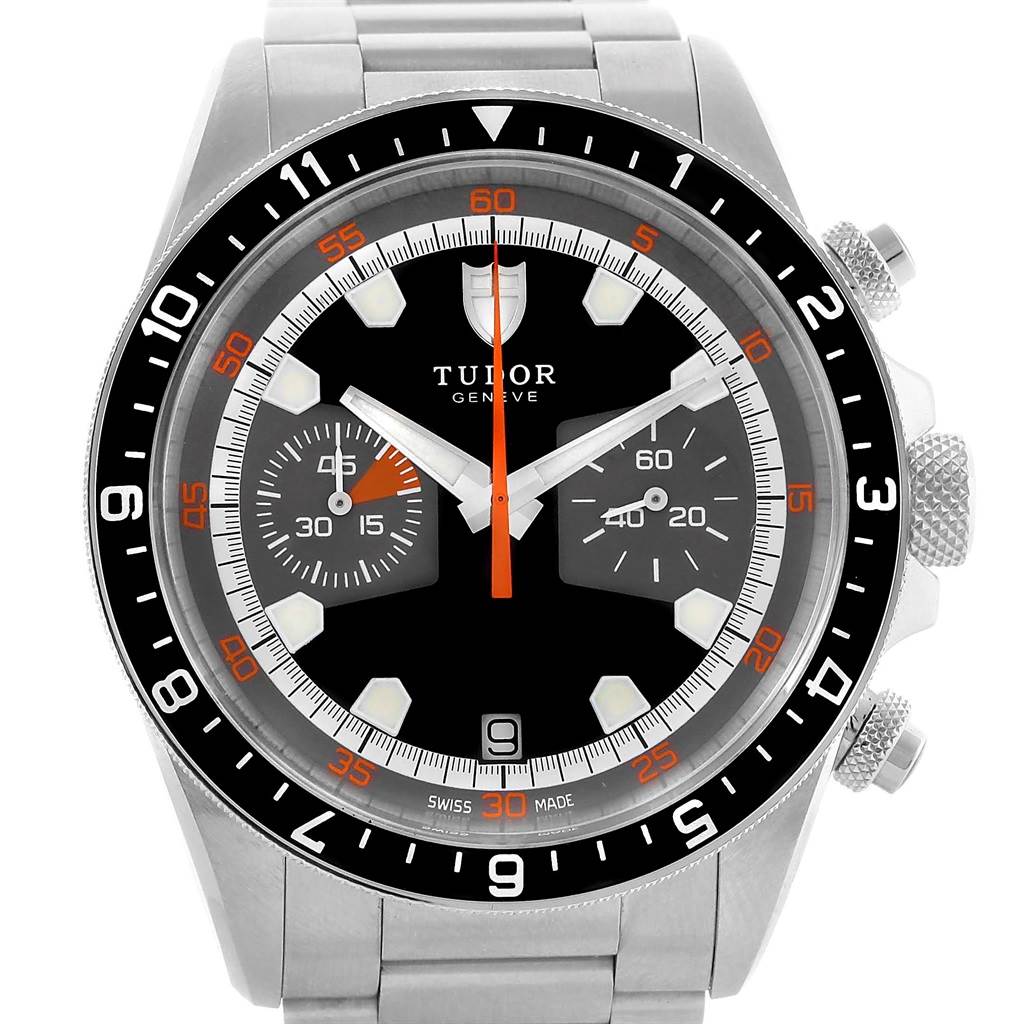 The image shows a frontal view of a Tudor Heritage Chrono 70330N Men's Stainless Steel Grey Dial 70330N Men's Stainless Steel Grey Dial watch, displaying the dial, sub-dials, hands, and bezel.