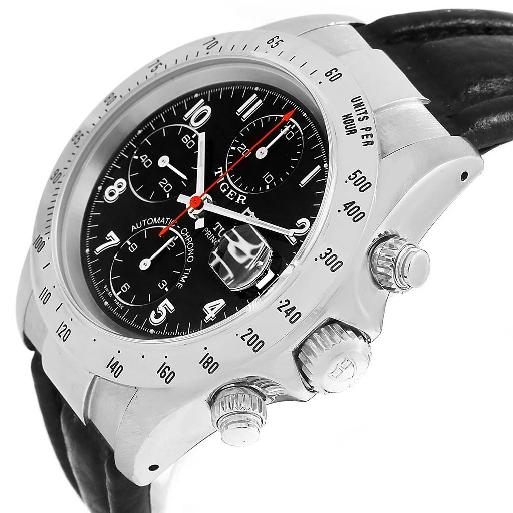 The image shows a side angle of the Tudor Tiger 79280 Men's Stainless Steel Black Dial 79280 Men's Stainless Steel Black Dial watch, highlighting the case, bezel, crown, and subdials.