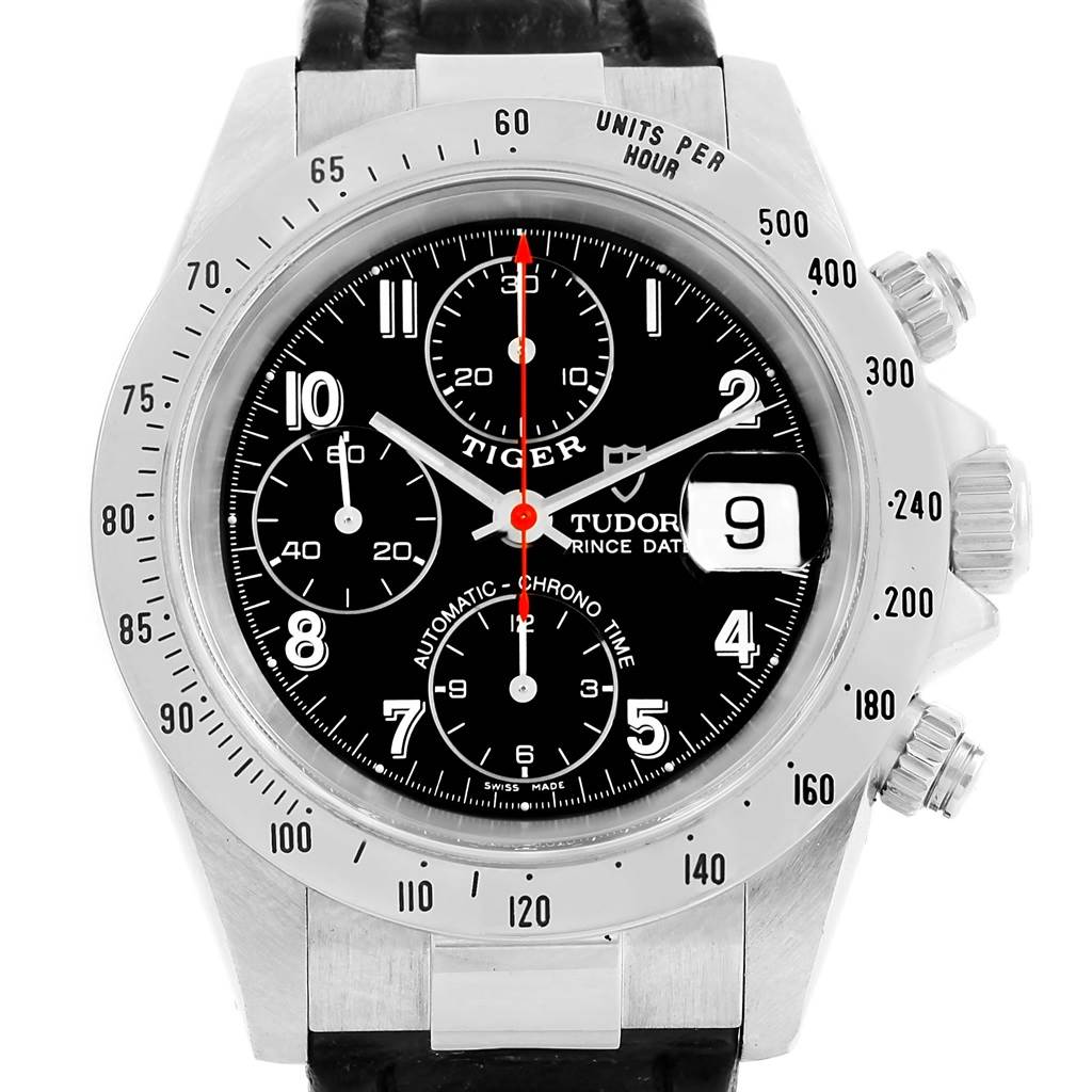 The image shows a front view of the Tudor Tiger 79280 Men's Stainless Steel Black Dial 79280 Men's Stainless Steel Black Dial model watch, displaying the dial, bezel, and side buttons.