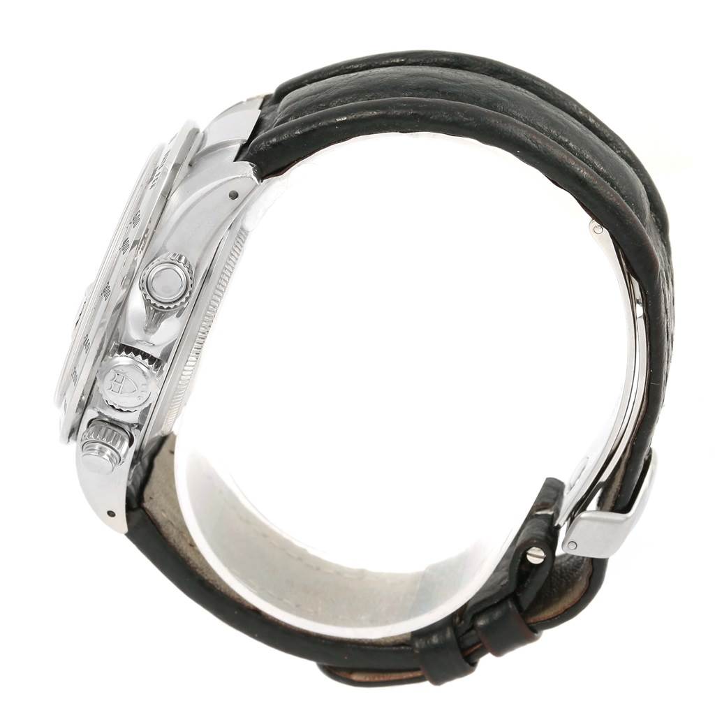 The image shows a side view of the Tudor Tiger 79280 Men's Stainless Steel Black Dial 79280 Men's Stainless Steel Black Dial model watch, highlighting its crown, pushers, and leather strap.