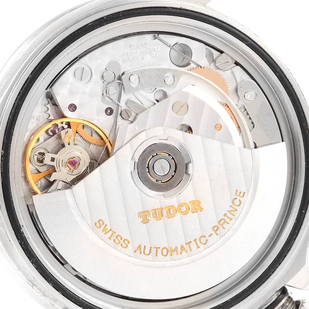 This image shows the internal mechanism and movement of a Tudor Tiger 79280 Men's Stainless Steel Black Dial 79280 Men's Stainless Steel Black Dial model watch from a straight-on angle.