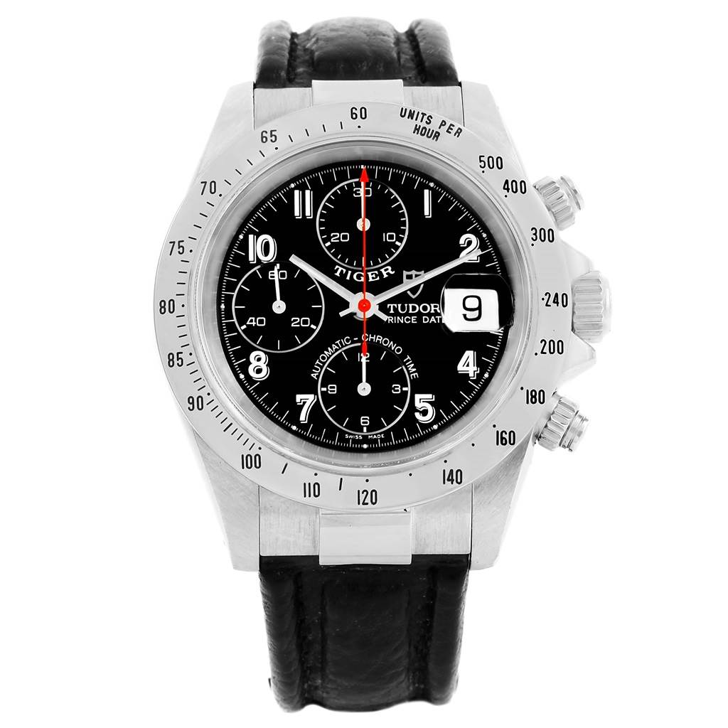 The image shows a front view of the Tudor Tiger 79280 Men's Stainless Steel Black Dial 79280 Men's Stainless Steel Black Dial model watch, featuring its face, bezel, pushers, crown, and black leather strap.