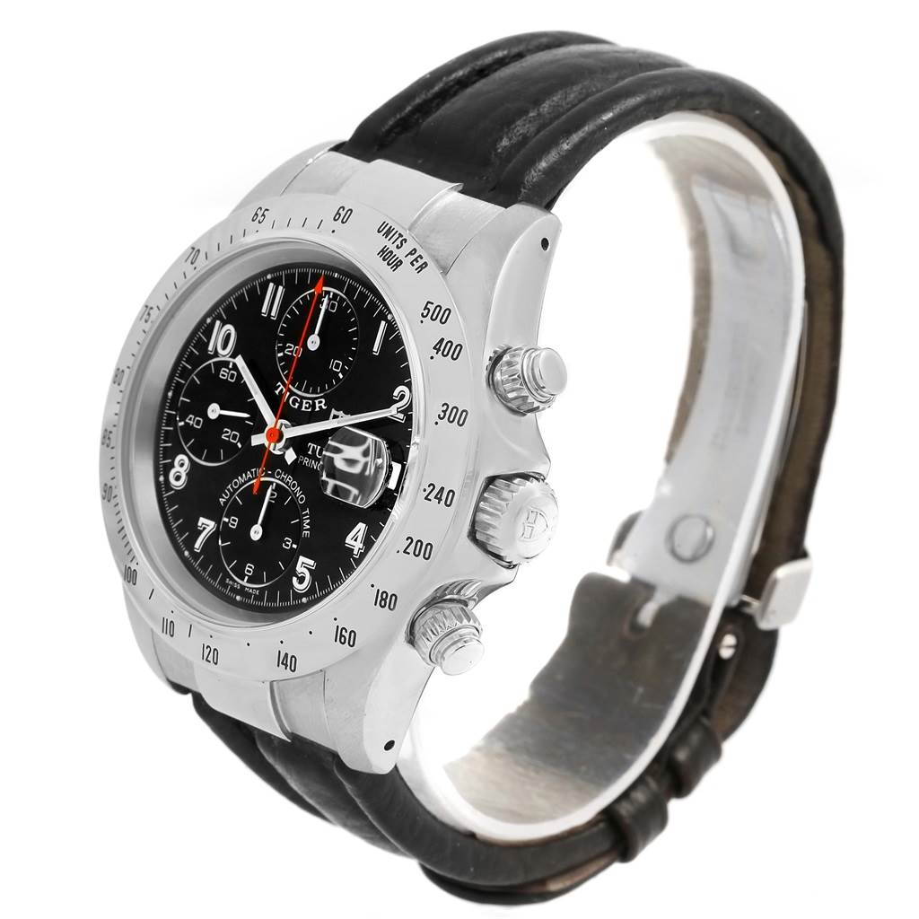 The image shows a Tudor Tiger 79280 Men's Stainless Steel Black Dial 79280 Men's Stainless Steel Black Dial model watch from a three-quarter angle, highlighting the black dial, bezel, crown, and leather strap.