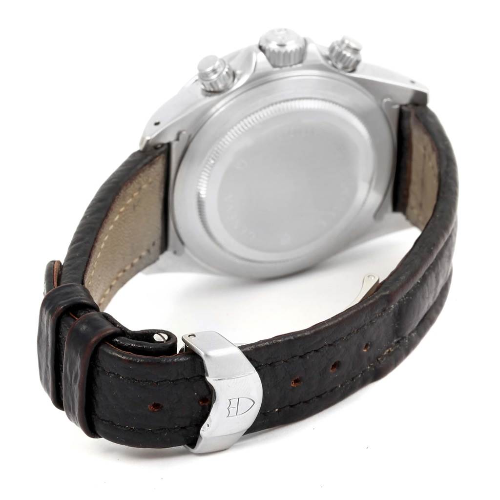 The image shows the back case, crown, pushers, and leather strap of the Tudor Tiger 79280 Men's Stainless Steel Black Dial 79280 Men's Stainless Steel Black Dial model watch.