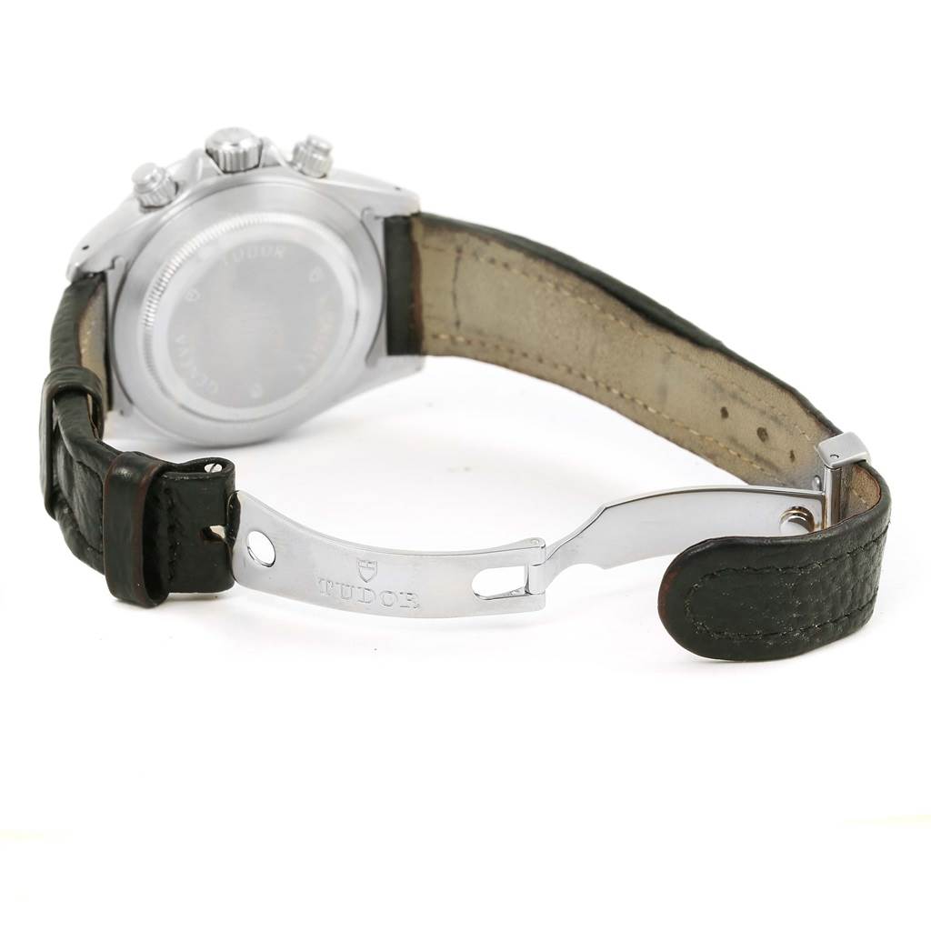 The Tudor Tiger 79280 Men's Stainless Steel Black Dial 79280 Men's Stainless Steel Black Dial model watch is shown from the back, displaying its clasp, strap, and case back.