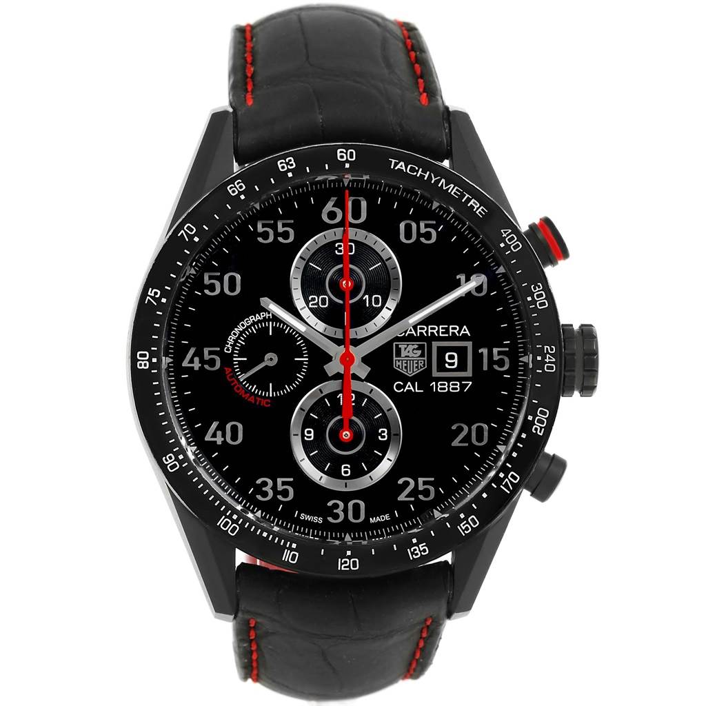 The image shows a front view of a Tag Heuer Carrera CAR2A80-FC6237 Men's Titanium Black Dial CAR2A80-FC6237 Men's Titanium Black Dial watch, highlighting its black dial, tachymeter bezel, and chronograph subdials.