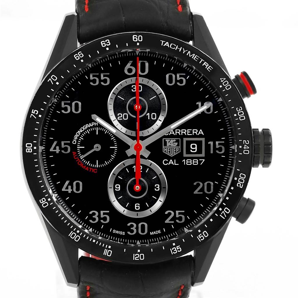 This image shows a frontal view of the Tag Heuer Carrera CAR2A80-FC6237 Men's Titanium Black Dial CAR2A80-FC6237 Men's Titanium Black Dial watch, highlighting its dial, tachymeter bezel, and chronograph subdials.
