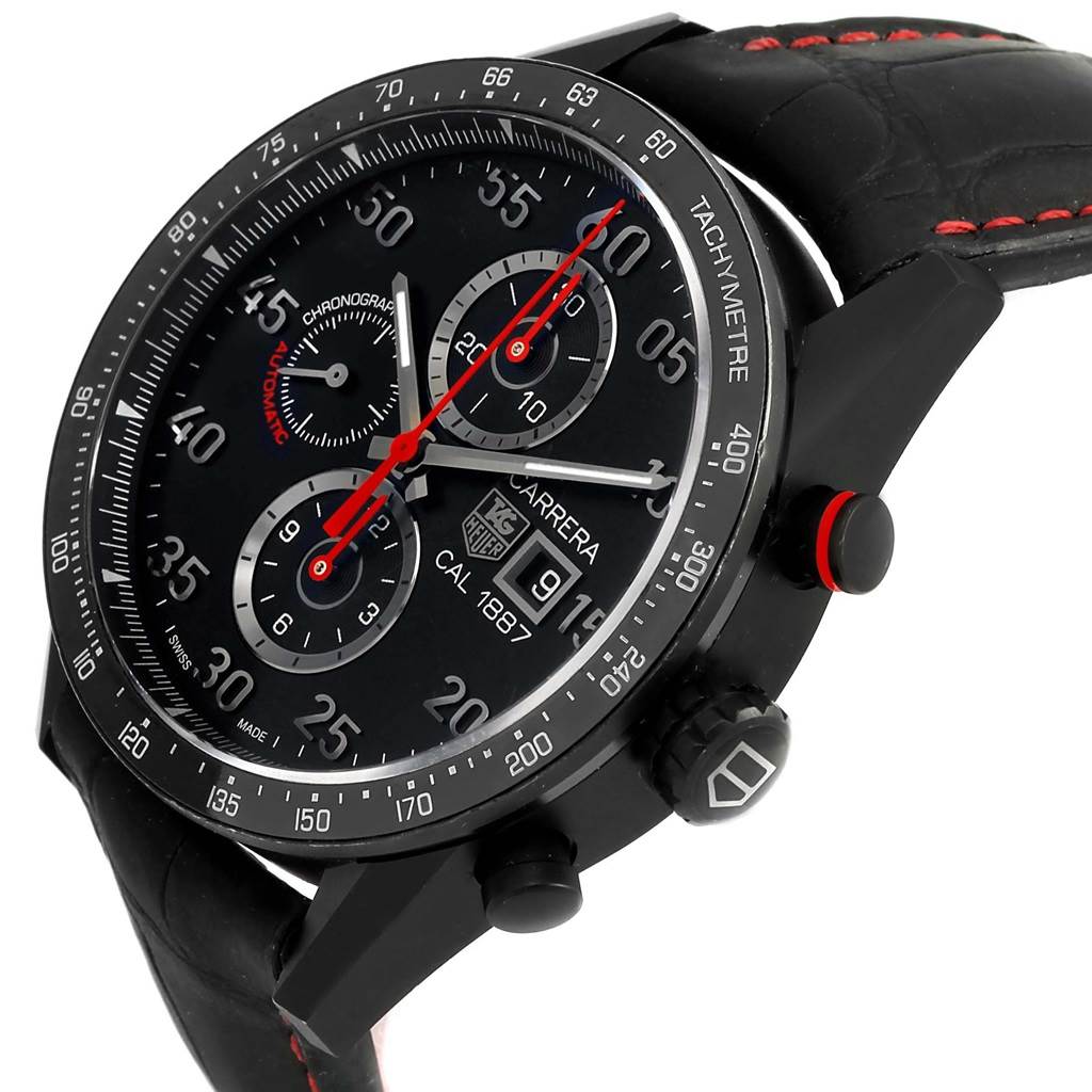 This image shows a close-up side angle of a Tag Heuer Carrera CAR2A80-FC6237 Men's Titanium Black Dial CAR2A80-FC6237 Men's Titanium Black Dial watch, highlighting the dial, bezel, and strap with red stitching.