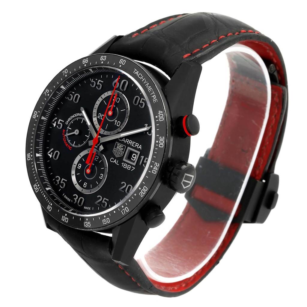 The image shows a side angle view of a Tag Heuer Carrera CAR2A80-FC6237 Men's Titanium Black Dial CAR2A80-FC6237 Men's Titanium Black Dial watch, highlighting the dial, bezel, crown, and part of the strap.