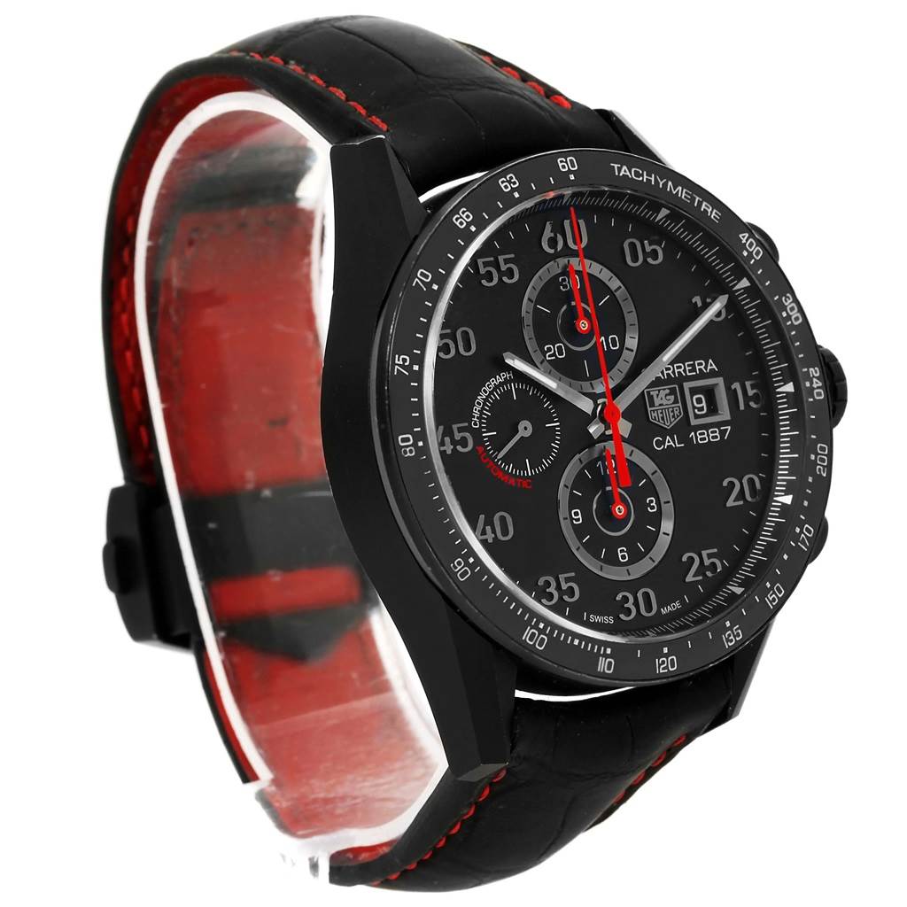 The image shows a side view of the Tag Heuer Carrera CAR2A80-FC6237 Men's Titanium Black Dial CAR2A80-FC6237 Men's Titanium Black Dial watch, highlighting its face, bezel, and black leather strap with red stitching.