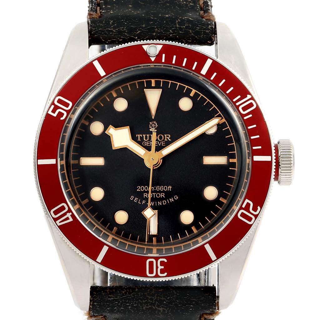 The image shows a front view of the Tudor Heritage Black Bay 79220R Men's Stainless Steel Black Dial 79220R Men's Stainless Steel Black Dial watch, highlighting its dial, bezel, and strap.