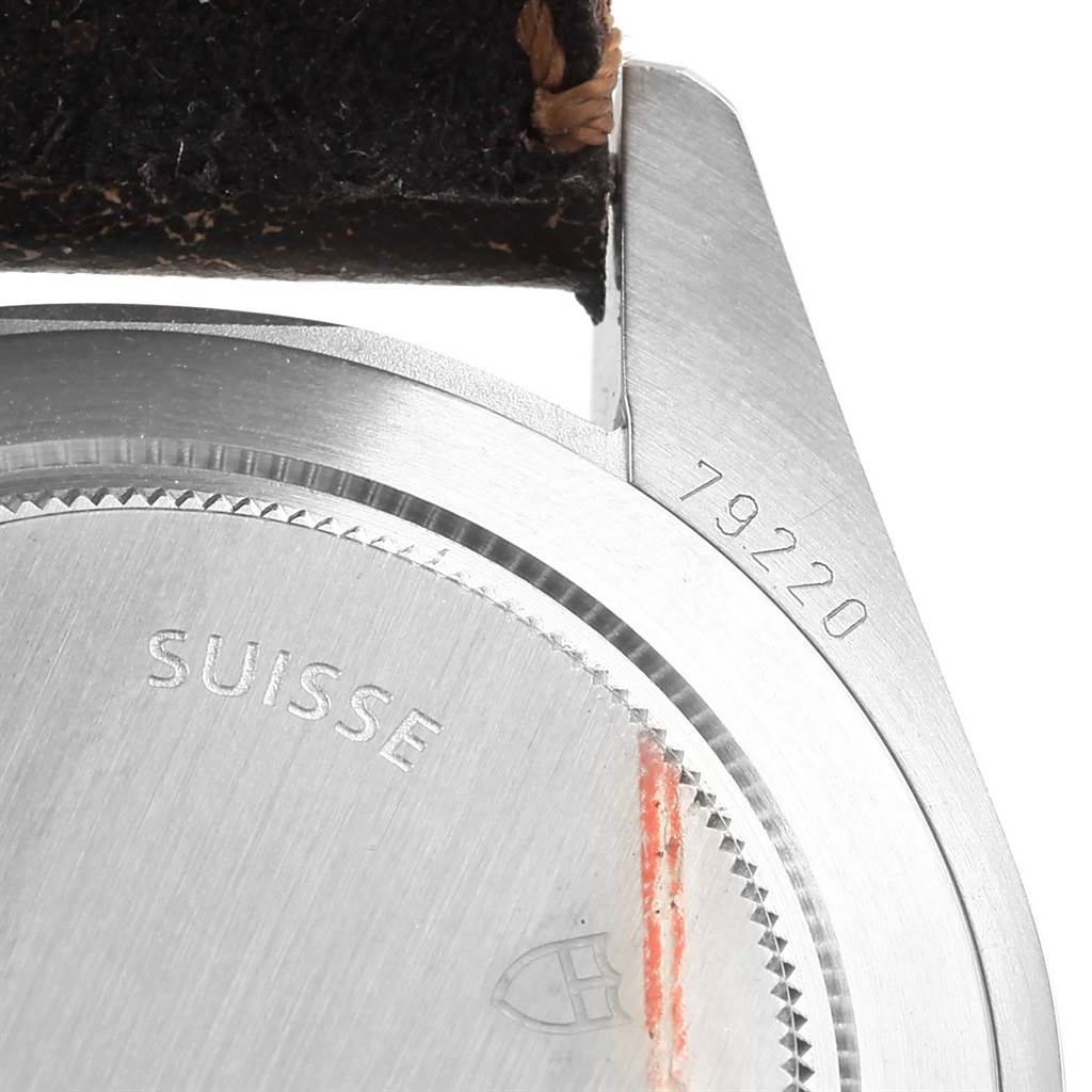 The image shows the case back and lugs of a Tudor Heritage Black Bay 79220R Men's Stainless Steel Black Dial 79220R Men's Stainless Steel Black Dial watch, displaying the model number 79220.